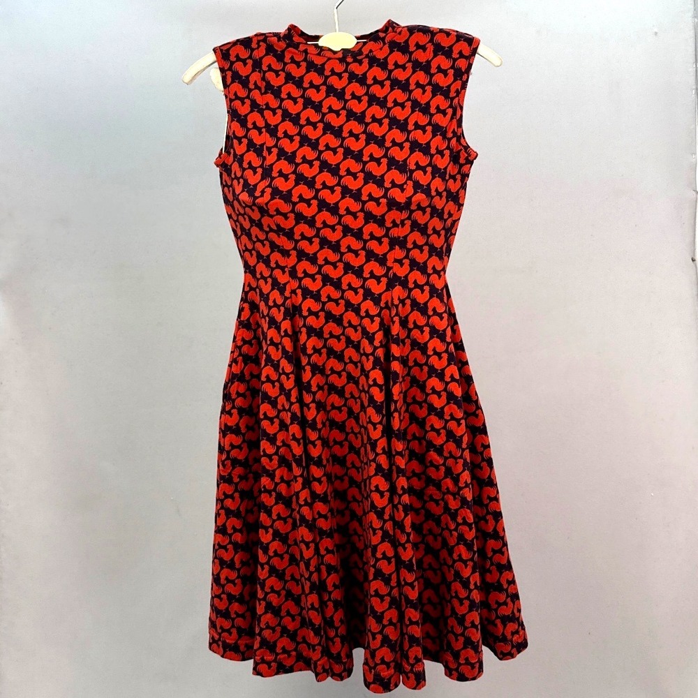 Effies Heart Red Black Rooster Print Fit Flare Dress Sleeveless Mock Neck XS